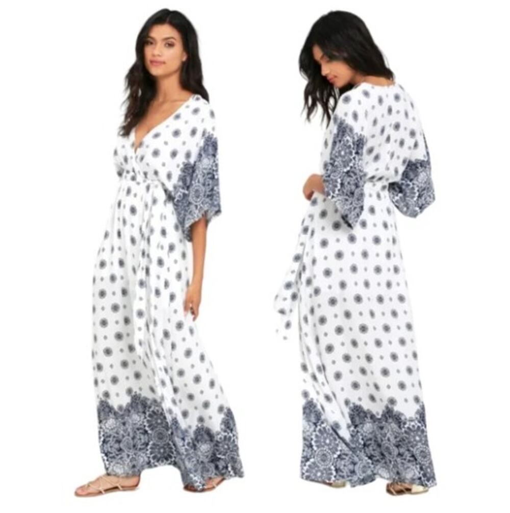 Lulus South of France Kimono V-Neck Maxi Dress XS Coastal Boho White Blue Resort